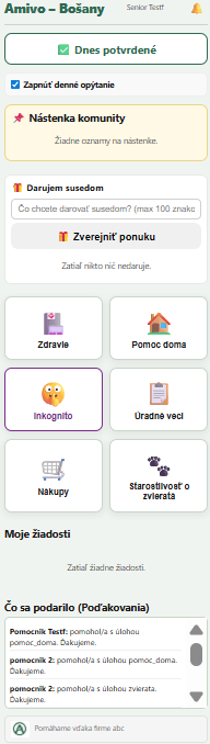 Hlavný panel aplikácie Amivo pre seniorov s piktogramami pomoci