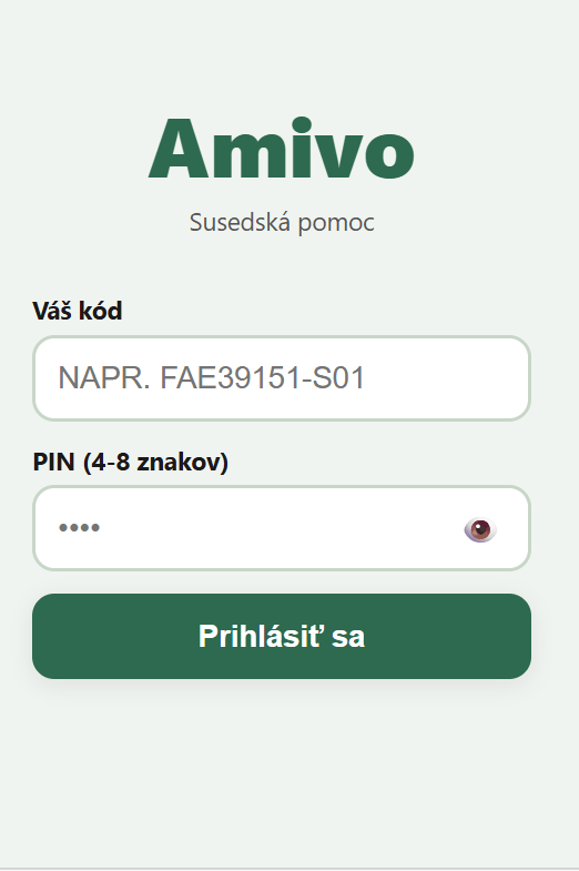 Prihlasovacia obrazovka Amivo